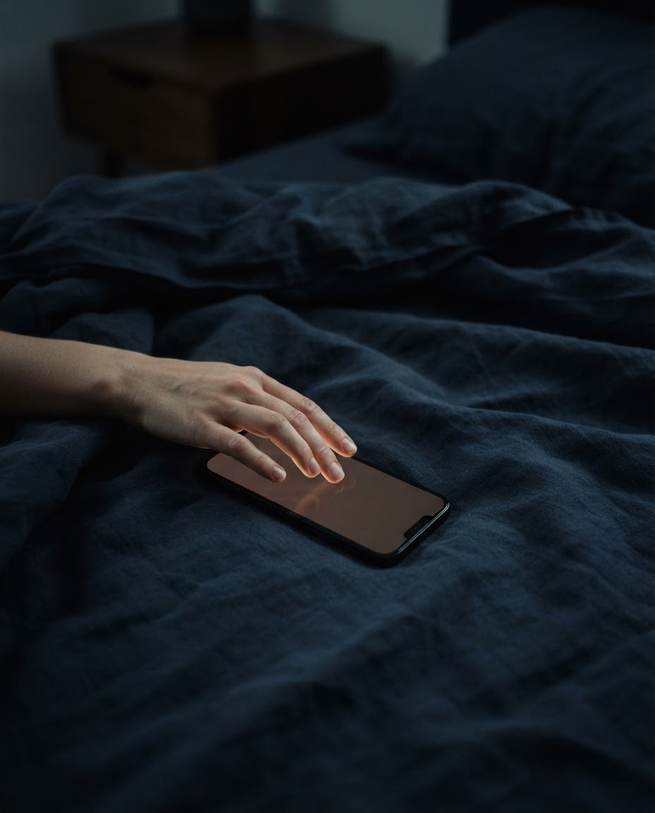 A phone left on the sheets at night