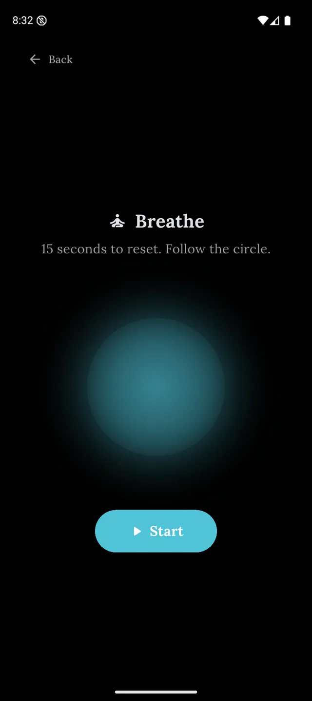 A PhoneStop reset challenge: a fifteen-second breathing timer.