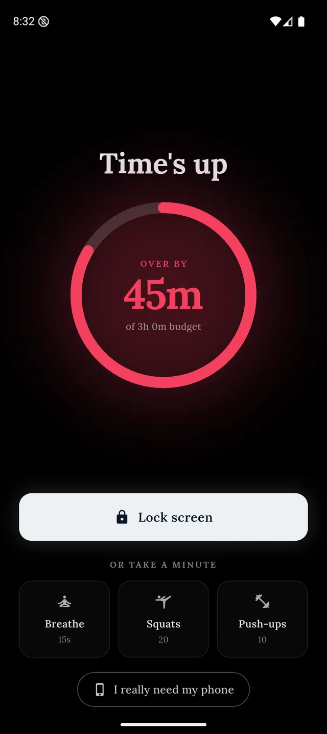 The PhoneStop over-limit takeover screen.